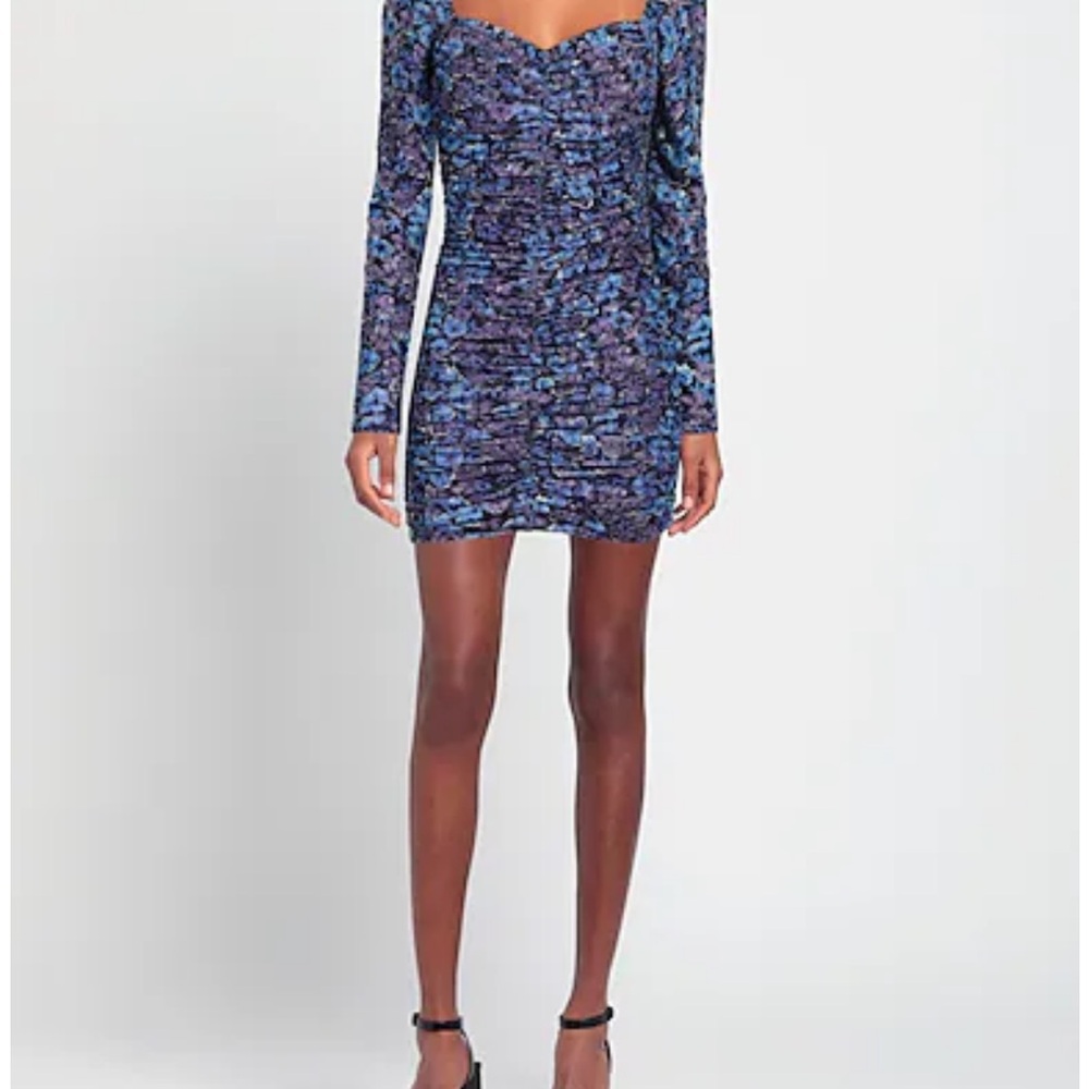 Chic Long Sleeve Ruched Dress in Blue and Purple